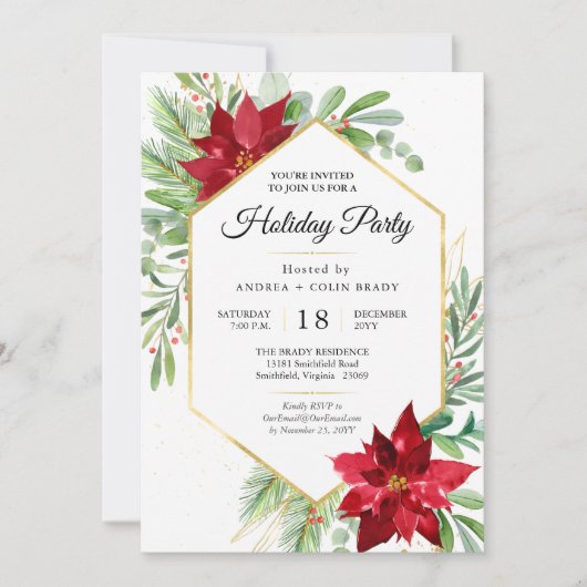 水の色クリスマスグリーン+金ゴールドホリデーパーティー 招待状 (正面)