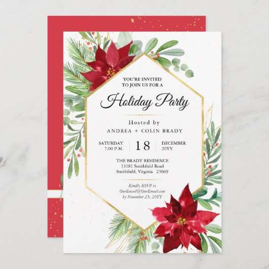 水の色クリスマスグリーン+金ゴールドホリデーパーティー 招待状 (正面/裏面)