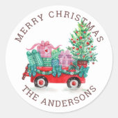 水の色クリスマスツリーとボックスの冬の休日 ラウンドシール (正面)