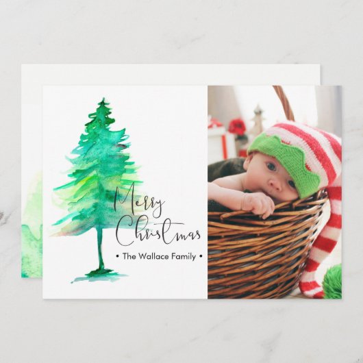 水の色クリスマスツリーベビー家族の写真 シーズンカード (正面/裏面)