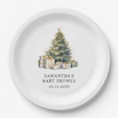 水の色クリスマスツリー冬の赤ちゃんシャワー ペーパープレート (正面)