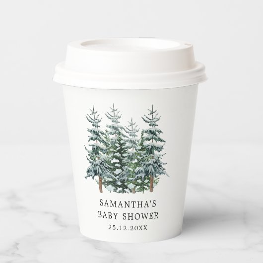 水の色クリスマスツリー冬の赤ちゃんシャワー 紙コップ (正面)