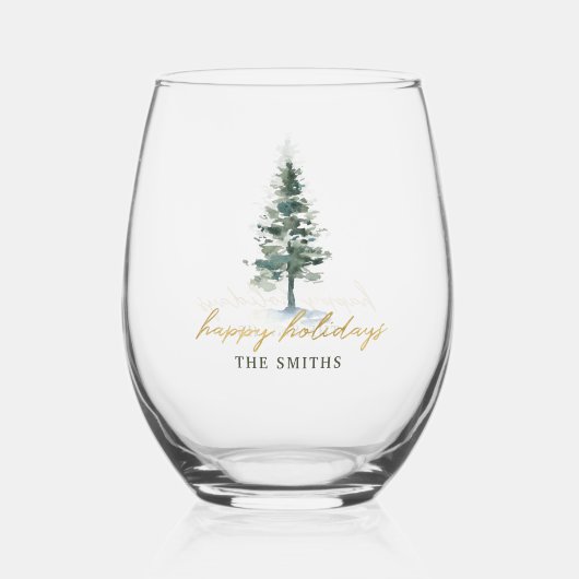 水の色クリスマスツリー家族の名前ホリデイ ステムなしワイングラス (裏面)