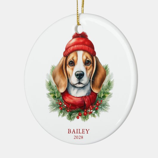 水の色クリスマスビーグル犬の写真 セラミックオーナメント (左)