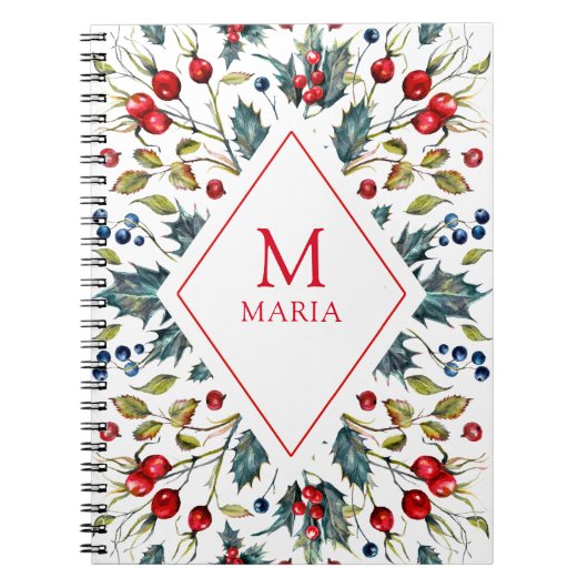 水の色クリスマスホリーモノグラム ノートブック (正面)