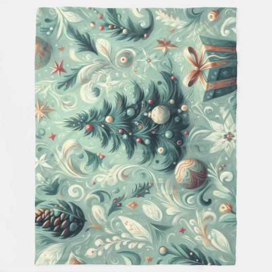 水の色クリスマスモチーフホリデーウィムシーグリーン フリースブランケット (正面)