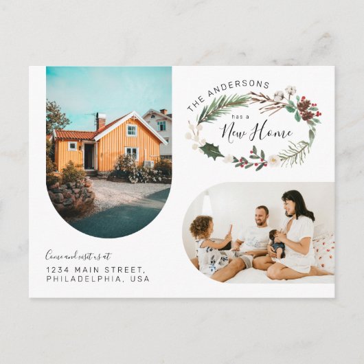 水の色クリスマスリース新しいホームファミリーフォト 案内ポストカード (正面)