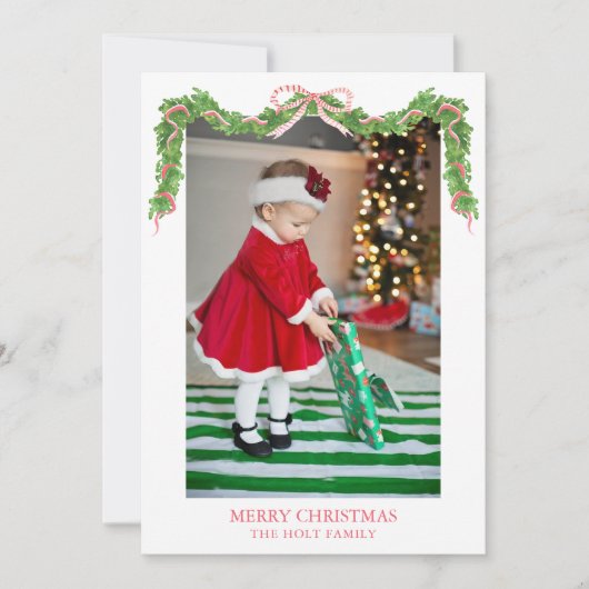 水の色クリスマスレッドストライプのボウのガーランド写真 シーズンカード (正面)