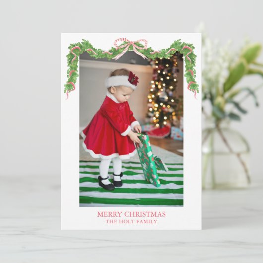 水の色クリスマスレッドストライプのボウのガーランド写真 シーズンカード (スタンド正面)