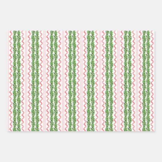 水の色クリスマスレッドボウストライプのガーランド ラッピングペーパーシート (正面2)