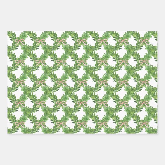 水の色クリスマスレッドボウストライプのガーランド ラッピングペーパーシート (正面)