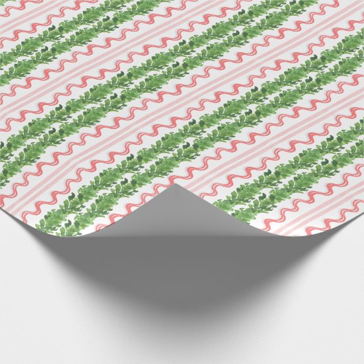 水の色クリスマスレッドボウストライプのガーランド ラッピングペーパー (角)