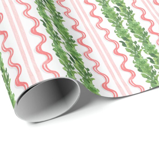 水の色クリスマスレッドボウストライプのガーランド ラッピングペーパー (ロールコーナー)