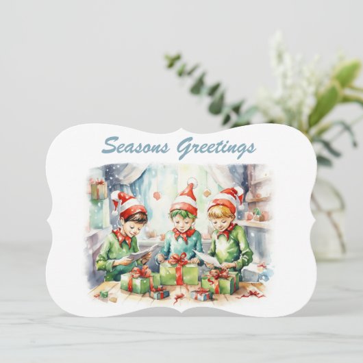 水の色クリスマス小妖精や小人ラッピングギフト追加文字 シーズンカード (スタンド正面)