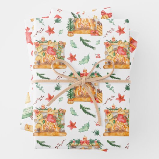 水の色クリスマス暖炉もみのプレゼント格言 ラッピングペーパーシート (インサイチュ)