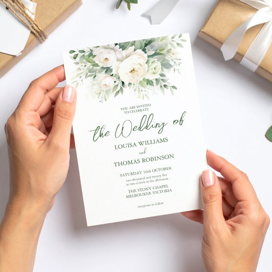 水の色クリーム牡丹&バラ結婚式の招待 招待状