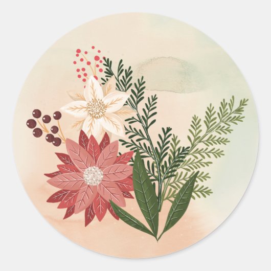 水の色グラデーションポインセティアクリスマスホリデー ラウンドシール (正面)