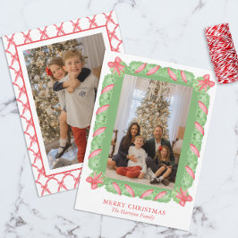 水の色グリーンガーランド&レッドボウのクリスマスフォト シーズンカード