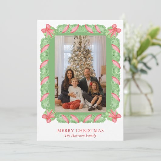 水の色グリーンガーランド&レッドボウのクリスマスフォト シーズンカード (スタンド正面)