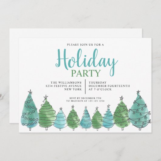 水の色グリーンクリスマスツリーズホリデーパーティー 招待状 (正面/裏面)