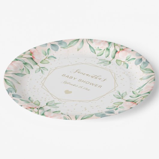 水の色グリーンリーピーチバラフローラベビーシャワー ペーパープレート (アングル)