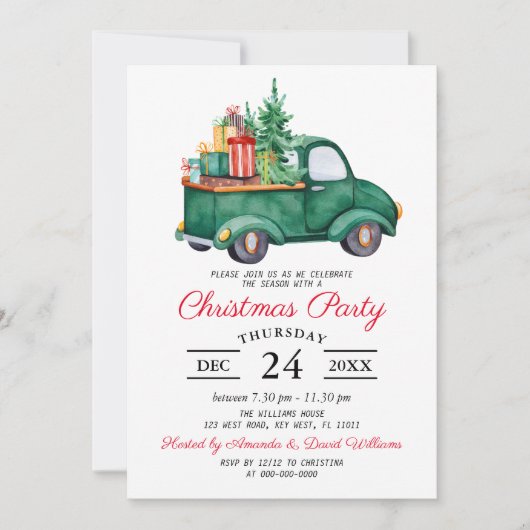 水の色グリーン素朴トラッククリスマスパーティー 招待状 (正面)