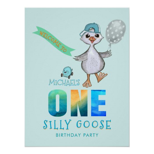 水の色グース間抜け誕生日ウェルカムサイン ポスター (正面)