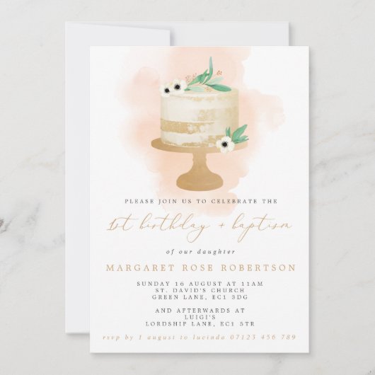 水の色ケーキガールの最初の誕生日とバプテスマ 招待状 (正面)