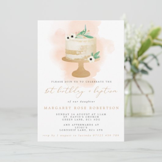 水の色ケーキガールの最初の誕生日とバプテスマ 招待状 (スタンド正面)