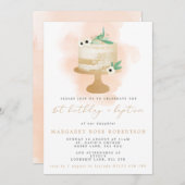 水の色ケーキガールの最初の誕生日とバプテスマ 招待状 (正面/裏面)