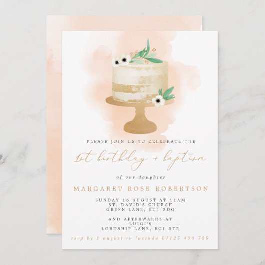 水の色ケーキガールの最初の誕生日とバプテスマ 招待状 (正面/裏面)