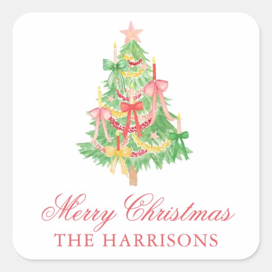 水の色コケットボウクリスマスツリー スクエアシール (正面)