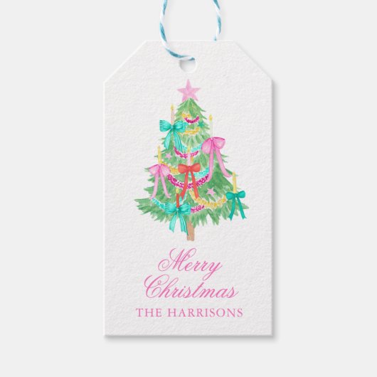 水の色コケット弓クリスマスツリーのエンクロージャ ギフトタグ (正面)