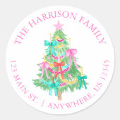 水の色コケット弓クリスマスツリーアドレス ラウンドシール (正面)