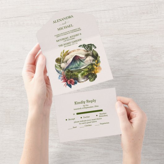 水の色コスタリカ宛先ウェディングオールインO オールインワン招待状 (貼ってはがせる)