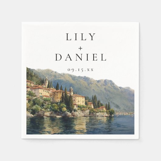 水の色コモ湖の宛先イタリアン結婚式 スタンダードカクテルナプキン (正面)