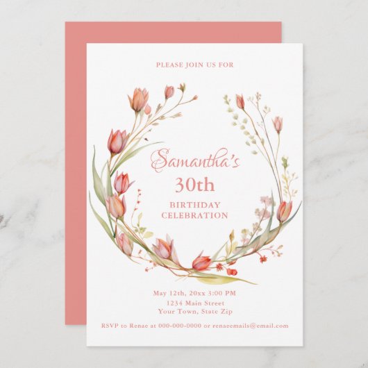 水の色コーラルチューリップ30th誕生日パーティー 招待状 (正面/裏面)