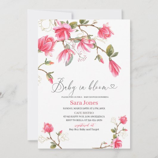 水の色コーラルマグノリアベビーイン開花ベビーショウェ 招待状 (正面)