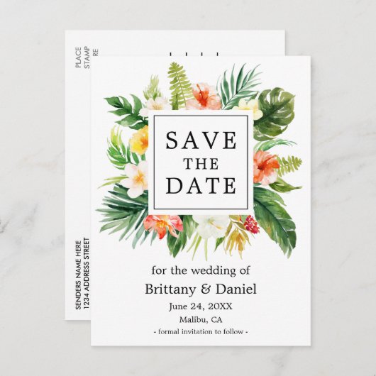 水の色コーラル熱帯フローラ日付を保存 案内ポストカード (正面/裏面)