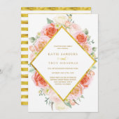 水の色コーラル、ピーチとピンクのバラの金ゴールド 招待状 (正面/裏面)