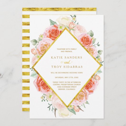 水の色コーラル、ピーチとピンクのバラの金ゴールド 招待状 (正面/裏面)