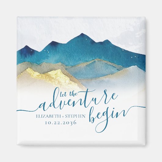 水の色ゴールデンマウンテンウェディング日付を保存 マグネット (正面)