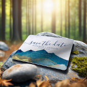 水の色ゴールデンマウンテンズアウトドア結婚の写真 セーブザデート