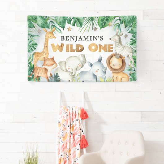 水の色サファリアニマルワイルドワン誕生日バナー 横断幕 (インサイチュ)