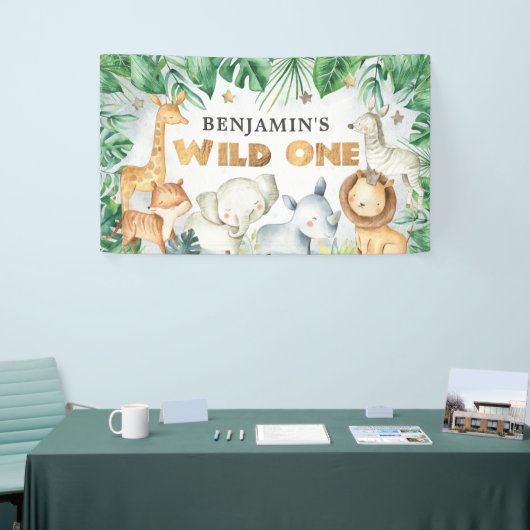 水の色サファリアニマルワイルドワン誕生日バナー 横断幕 (トレードショー)