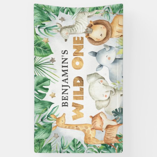 水の色サファリアニマルワイルドワン誕生日バナー 横断幕 (縦)