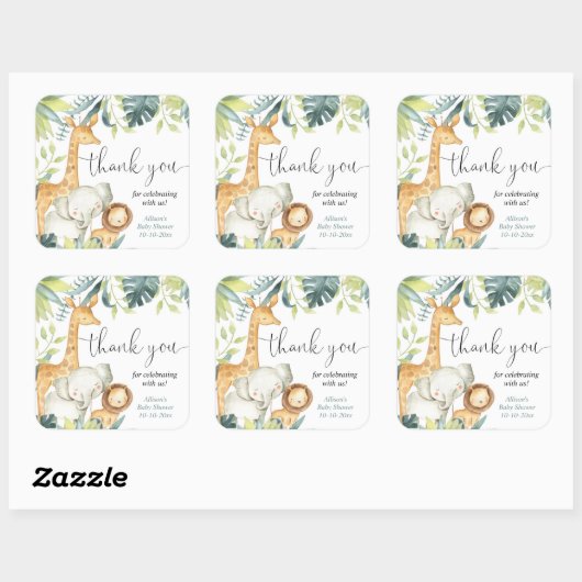 水の色サファリジャングル動物のベビーシャワー スクエアシール (シート)