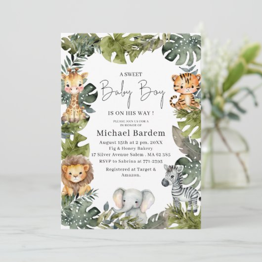 水の色サファリワイルドワン1歳の誕生日ボーイインビタ 招待状 (スタンド正面)