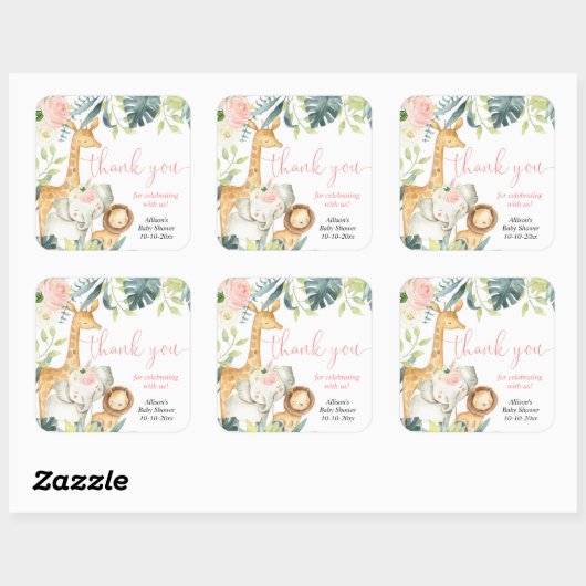 水の色サファリージャングル動物の女の子の赤ちゃんシャワー スクエアシール (シート)