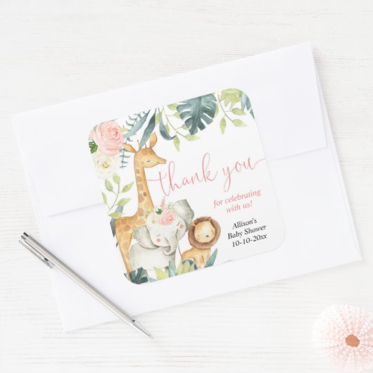 水の色サファリージャングル動物の女の子の赤ちゃんシャワー スクエアシール (封筒)